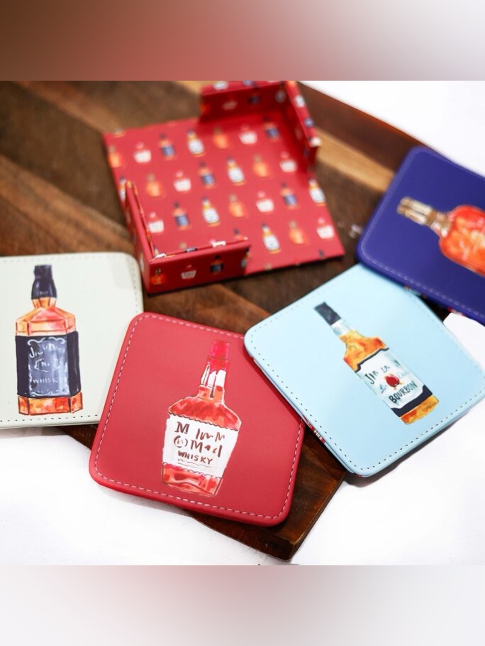Decorative 4-Pack Vegan Leather Whiskey Bottle Coasters